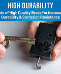 Hands using P Key For Self Lock Pedestal Locks, Brass Gold Finish TTK 225 P Loop Key with channel lock, showing durability.