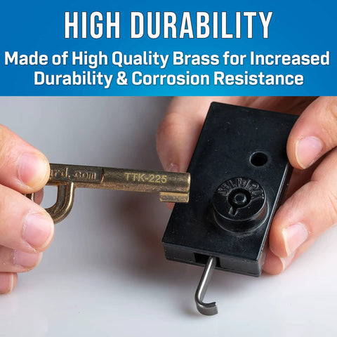 Hands using P Key For Self Lock Pedestal Locks, Brass Gold Finish TTK 225 P Loop Key with channel lock, showing durability.