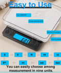 Ultra Precise Digital Kitchen Scale 3000g/0.1g shown measuring flour with LCD display and control buttons, dual trays visible.