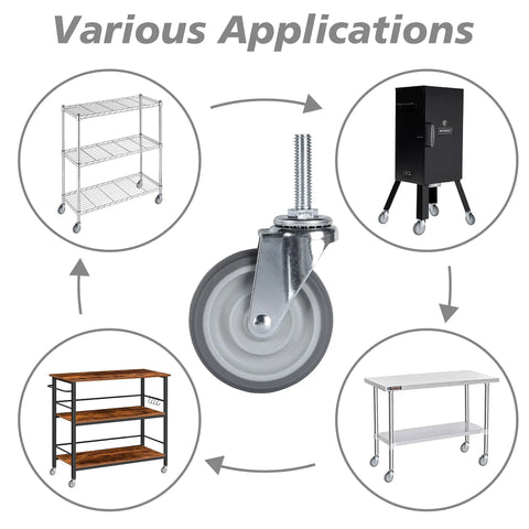 Heavy Duty Three Inch Swivel Rubber Caster Wheels Set Of Four Threaded Stem Casters used on wire shelving and utility carts.