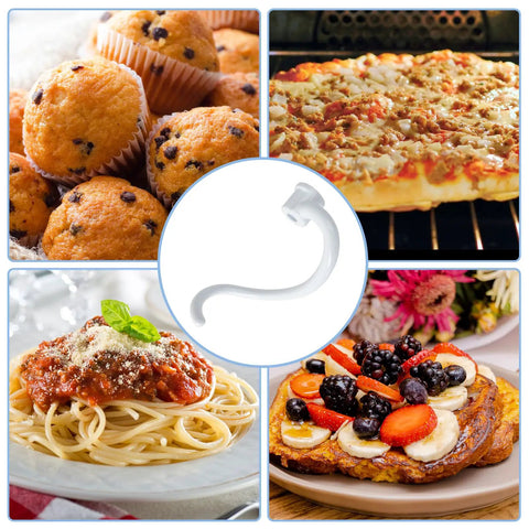 Coated Spiral Dough Hook Replacement For Lift Stand Mixers with cupcakes, pizza, pasta, and toast in background