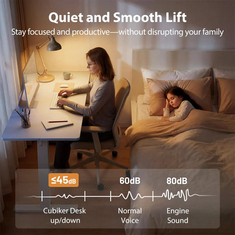 Woman working at Cubiker 40X24 Electric Standing Desk Adjustable Sit Stand Home Office Table with child sleeping nearby.