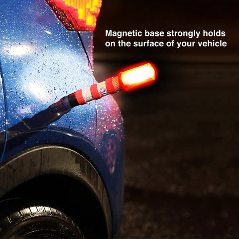 LED Road Flares For Vehicles With Three Alert Modes Flashing Red Solid Red And White Flashlight on car with magnetic base.