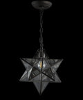 12-Inch Oil Rubbed Bronze Moravian Star LED Pendant Light With Clear Glass, Metal Hanging Lantern, Adjustable Chain visible.