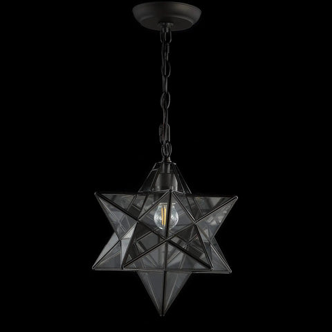 12-Inch Oil Rubbed Bronze Moravian Star LED Pendant Light With Clear Glass, Metal Hanging Lantern, Adjustable Chain visible.