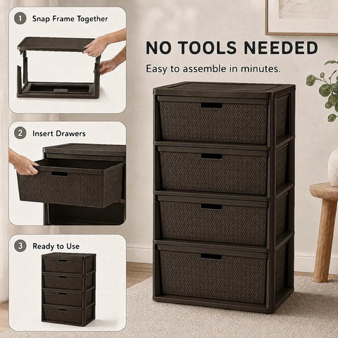 Wide 4 Drawer Plastic Storage Tower With Smooth Glide Removable Bins, Brown Cross Weave Decorative Organizer A Total Game Changer For Bedroom Closet Decluttering And Home Tidy Up