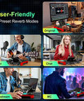 Image showcasing G10 All In One Podcast Studio Bundle With Plug And Play Integrated Mixer And P15 Microphone For Live Streaming YouTube Recording On PC in various settings.