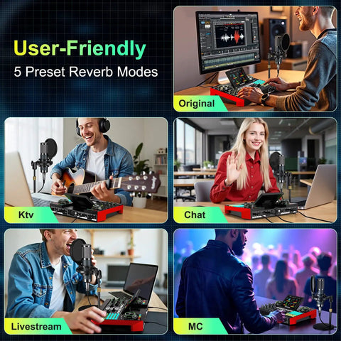 Image showcasing G10 All In One Podcast Studio Bundle With Plug And Play Integrated Mixer And P15 Microphone For Live Streaming YouTube Recording On PC in various settings.