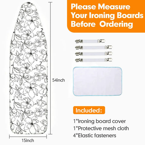 Heavy Duty Ironing Board Cover And Pad With Extra Thick 6mm Padding Scorch And Stain Resistant Adjustable Fasteners And Elastic Edges 15x54 Standard Size Floral White product features and dimensions
