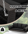Close-up of safety hook and buckle on Three Person Outdoor Hanging Porch Swing Chair With Cushions And Adjustable Chain 76 Inch Wicker Bench Steel Frame Comfy Gray PE Wicker Black Wide Armrests Patio Backyard Garden Lounge.