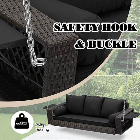 Close-up of safety hook and buckle on Three Person Outdoor Hanging Porch Swing Chair With Cushions And Adjustable Chain 76 Inch Wicker Bench Steel Frame Comfy Gray PE Wicker Black Wide Armrests Patio Backyard Garden Lounge.