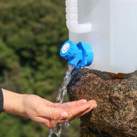 4 Gallon Camping Water Jug With Spigot For Emergency Water Storage Outdoors, water pouring into hands from spigot