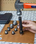 Interchangeable Large Hollow Hole Punch Tool Set, 10 Piece for Gasket Making and Leather Punching in use with drive handle