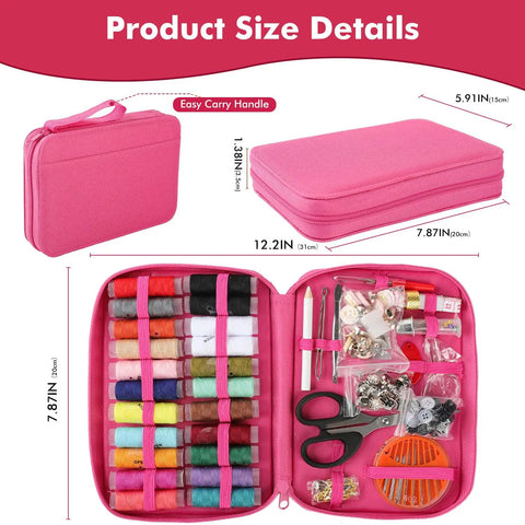 On The Go Pink Sewing Kit For Adults Portable Travel Set With 198 Pieces Includes Needles Thread Scissors Tape Measure Marker Pens And More Dorm Room Essentials For Girls And Guys displayed open and closed