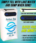 Portable 50 Lb Boat Ballast Bag for Wakesurfing and Wakeboarding, pumpless and easy fill, with leak-tight zipper and handle.