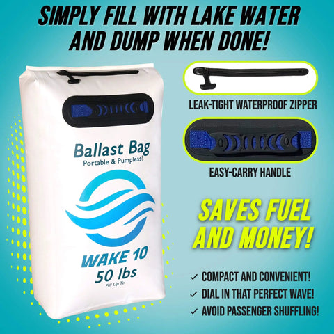 Portable 50 Lb Boat Ballast Bag for Wakesurfing and Wakeboarding, pumpless and easy fill, with leak-tight zipper and handle.