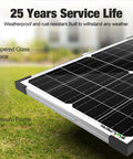 Close-up of 25W 12V Solar Battery Charger Kit with Waterproof Panel, featuring tempered glass and aluminum frame, on grass