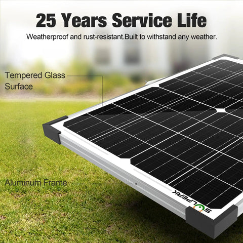 Close-up of 25W 12V Solar Battery Charger Kit with Waterproof Panel, featuring tempered glass and aluminum frame, on grass