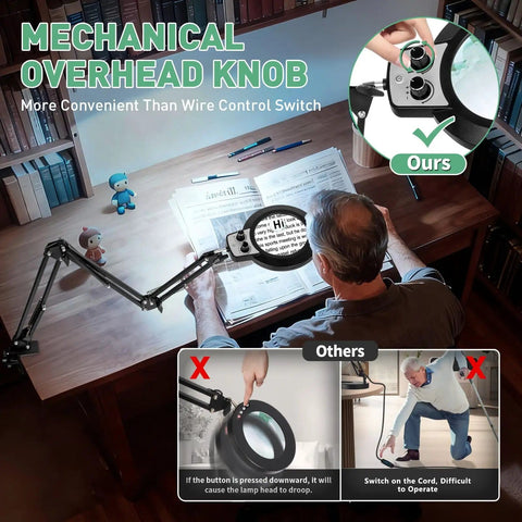 Pro Grade 12X 30X Magnifying Glass With Light And Stand Long Arm Desk Magnifier, user adjusting lamp on wooden desk