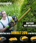 Gardener using Cordless Hedge Trimmer With 22-Inch Dual-Action Blades, Lightweight 20V MAX Tool Only, trimming tall hedge