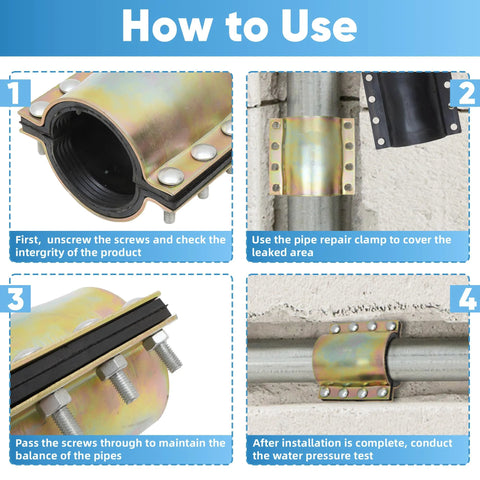 KUJIBGY 4-inch water pipe repair clamp, metal with bolts, shown in a four-step installation guide.