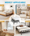 Heavy Duty Queen Bunkie Board 60x80 Low Profile Mattress Foundation Cuts Out Sagging Solid Sleep Base For Platform Beds With Non Slip Bottom Quiet Support options in a bedroom collage.