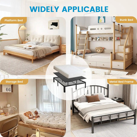 Heavy Duty Queen Bunkie Board 60x80 Low Profile Mattress Foundation Cuts Out Sagging Solid Sleep Base For Platform Beds With Non Slip Bottom Quiet Support options in a bedroom collage.