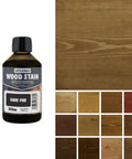 Premium Water Based Wood Stain Dark Pine Shade Non Toxic Eco Friendly Formula For Indoor Furniture And Craft Projects Eight Ounce Can next to wood samples.