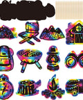 Camping Scratch Card Kit 24 Pack For Outdoor Parties 12 Unique Designs Revealing Rainbow Colors includes wooden sticks and red string