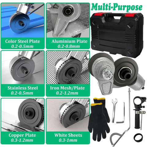 Beefy Heavy Duty Metal Sheet Cutter Drill Attachment With Serrated Wheel and accessories for precise multi-material cutting.