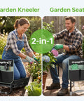 Foldable Garden Kneeler And Seat With Tool Pouch, Two In One Ergonomic Kneeling Bench, Black, shown used by two individuals