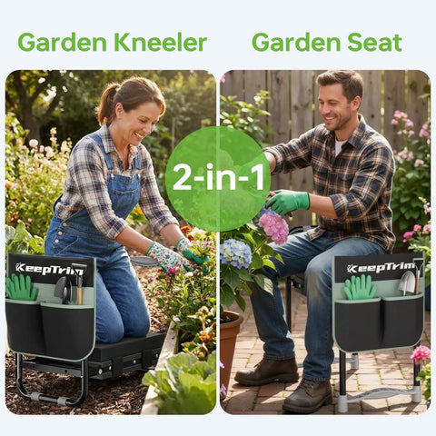 Foldable Garden Kneeler And Seat With Tool Pouch, Two In One Ergonomic Kneeling Bench, Black, shown used by two individuals
