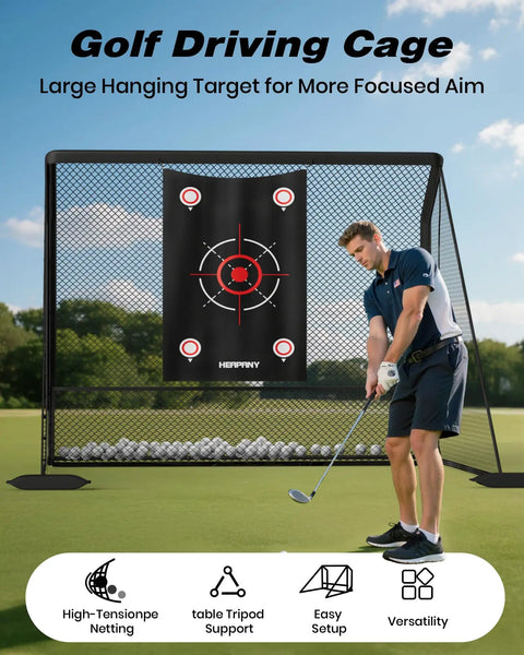 Heavy Duty Golf Practice Net 10x7ft For Indoor Outdoor Training With Ball Capture System And Carry Bag Portable Hitting Net Perfect For Backyard Driving Chipping And Swing Practice showing golfer aiming at target