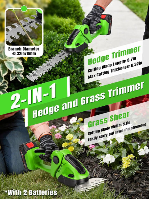 "Cordless 2 In 1 Electric Hedge Trimmer With Dual Blades, 2000RPM Handheld Grass Cutter, Includes 2 Rechargeable Batteries" in use