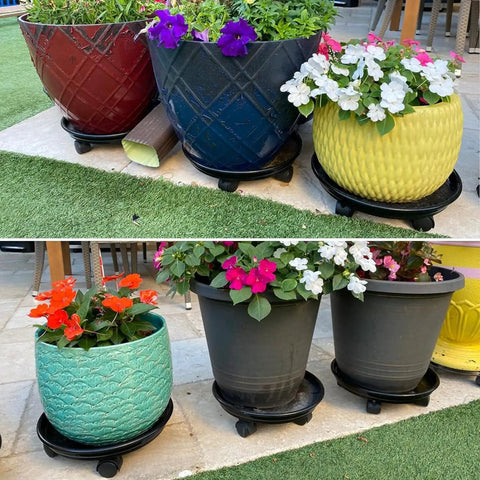 6 Pack Heavy Duty Plant Caddies With Wheels, Smooth Rolling Plant Dollies For Indoor Outdoor Potted Plants, Sturdy Black Plastic Saucers With Glide Casters displayed with colorful flower pots.
