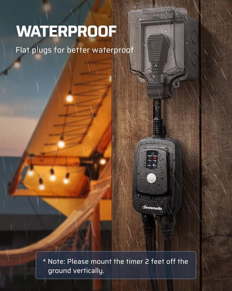 Weatherproof Outdoor Timer Outlet With 100 Ft Remote Control mounted on a wooden post, showing rainproof design and dual outlets.