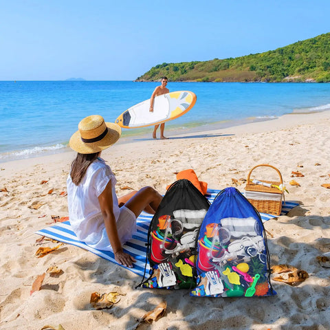 Six Pack Mesh Gear Bags for Snorkel Gear and Swim Equipment Oversized 18 by 26 Inches Nylon Drawstring Duffle Bags on beach