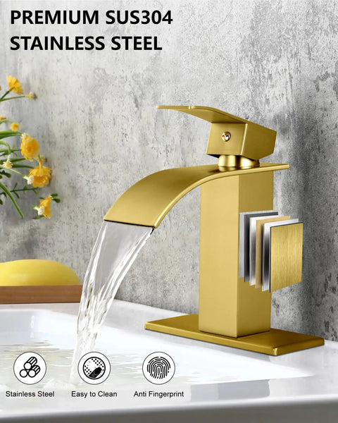 Gold Waterfall Spout Single Handle Bathroom Faucet For 1 Hole Sink With Ultra Wide Water Flow Sleek Modern RV Lavatory Vanity Tap