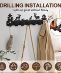 Chic Deer Wall Hook Rack With Seven Smooth Hooks And Double Adhesive Screw Mount For Kitchen Bathroom Storage Waterproof Black Metal Build displaying installation with hooks holding a coat.
