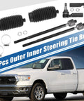 6 Piece Front Inner Outer Tie Rod Ends Kit With Boots For Ram 1500 2013-2018 5-Lug And Ram 1500 Classic 2019-2022 Drag Link Steering Suspension Replacement, shown with boots and tie rods