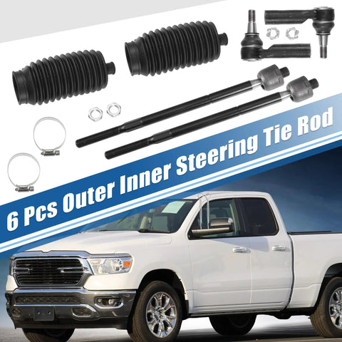 6 Piece Front Inner Outer Tie Rod Ends Kit With Boots For Ram 1500 2013-2018 5-Lug And Ram 1500 Classic 2019-2022 Drag Link Steering Suspension Replacement, shown with boots and tie rods