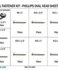 18-8 Stainless Steel Phillips Oval Head Sheet Metal Screw Kit Pro Grade With Finishing Cup Washers, sizes 8 to 14, layout