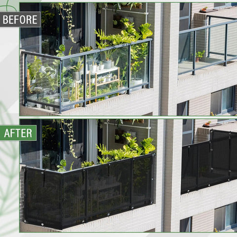 3 Ft By 30 Ft Balcony Screen Privacy Fence Cover HDPE UV Resistant Outdoor Mesh Privacy Screen Shield for deck patio visible after installation.