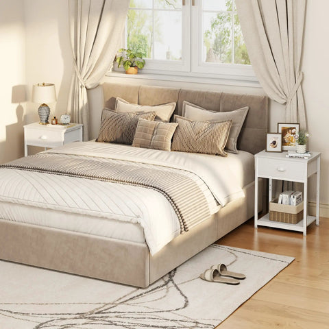 Bedroom with Small Space Friendly White Nightstand With Fabric Drawer And 3 Tier Storage End Table next to bed frame