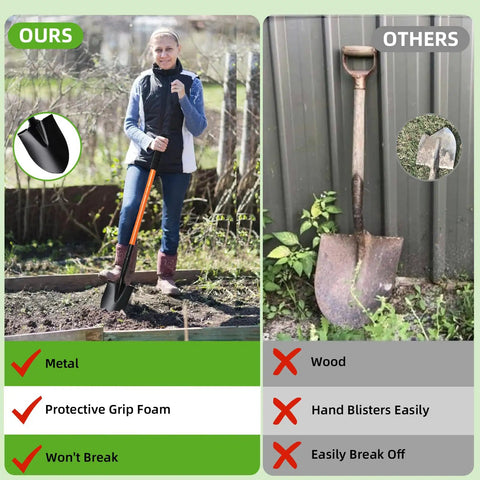 Comparison of Extra Long 43.7 Inch Spade Shovel With Heavy Duty Steel Handle for digging gardening camping yard work and old shovel