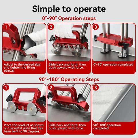 Portable Sheet Metal Roller Bender With Two Station Design for 0-90 and 90-180 degree bending steps illustrated.