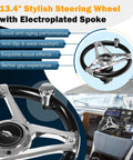 Image of a 13.4" stylish steering wheel with electroplated spoke, shown in a helm with seating, for the Plug And Play 300HP Hydraulic Outboard Steering Kit For Boats With Smooth, Responsive Marine Steering System Including Electroplated Wheel, Helm Pump, Hydraulic Cylinder, And 26Ft PU Hoses, Fits Most Single Outboard Powered Boats.