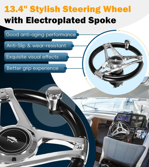 Image of a 13.4" stylish steering wheel with electroplated spoke, shown in a helm with seating, for the Plug And Play 300HP Hydraulic Outboard Steering Kit For Boats With Smooth, Responsive Marine Steering System Including Electroplated Wheel, Helm Pump, Hydraulic Cylinder, And 26Ft PU Hoses, Fits Most Single Outboard Powered Boats.
