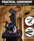 Person carrying a 16 Inch Close Top Wide Mouth Tool Storage Bag With Waterproof Rubber Base, showing shoulder straps and tools inside.