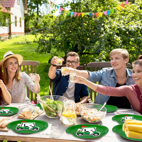 Dope 90 Piece Golf Party Paper Plates And Disposable Napkin Set Featuring Fresh Green Golf Course Layouts With Cool Sports Ball Print Tableware at outdoor celebration.
